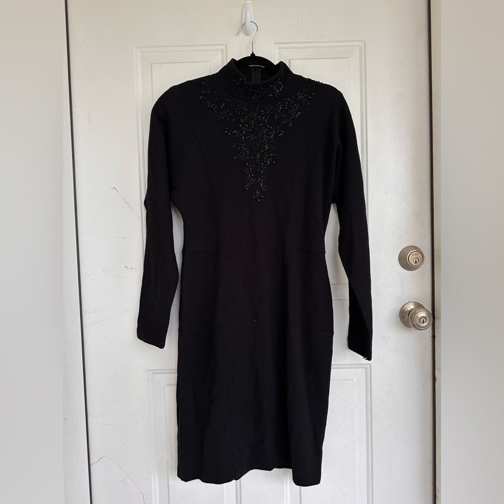 Nina Patrick, sleeved dress, black, sequenced turtle neck, slimming, Size M